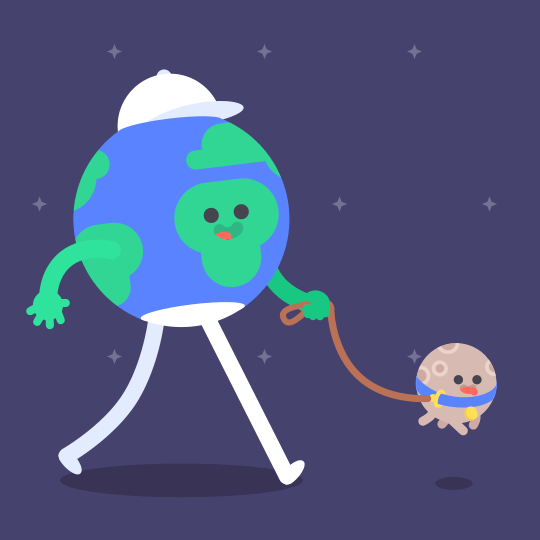 Earth cartoon walking a leashed dog moon