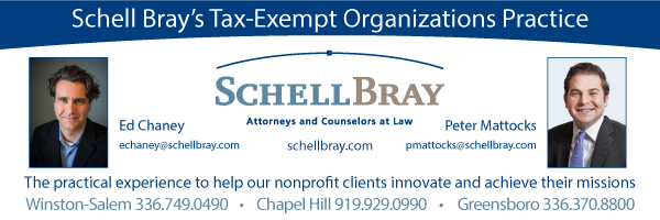Schell Bray attorneys at law ad for exempt organizations with three North Carolina law firm offices